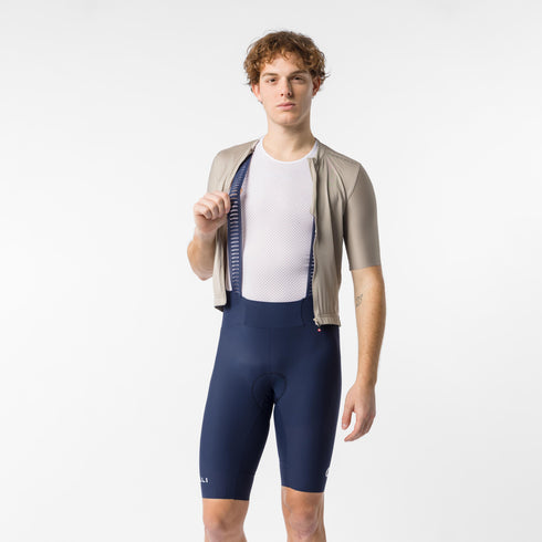 Castelli Espresso 2 men's bib shorts, Belgian Blue, front view on model