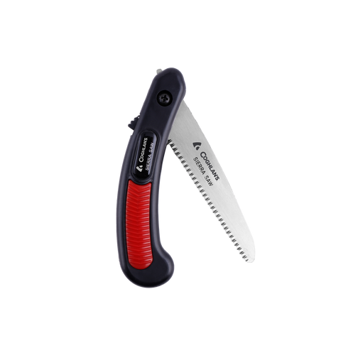 Coghlan's pocket sierra saw with blade open, black and red handle