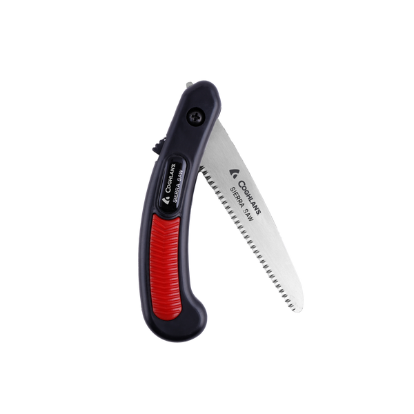 Coghlan's pocket sierra saw with blade open, black and red handle