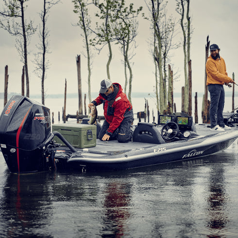 Anglers on a bass boat with a Dometic Cool-Ice 42 in Green