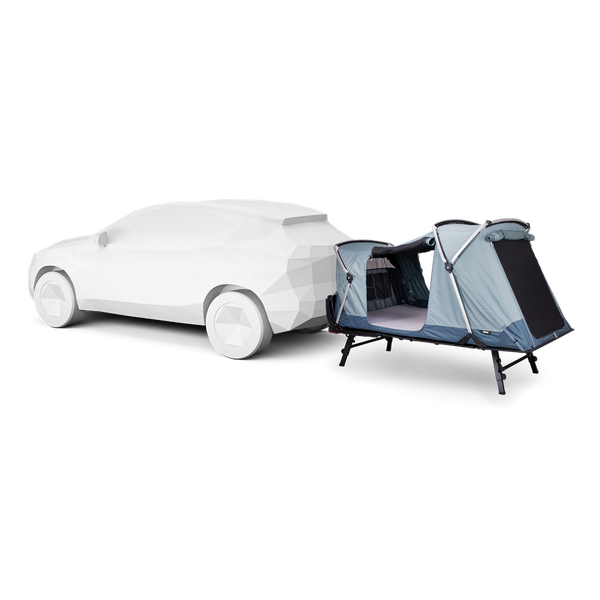 Thule Outset towbar mounted tent, dark slate, open on a car