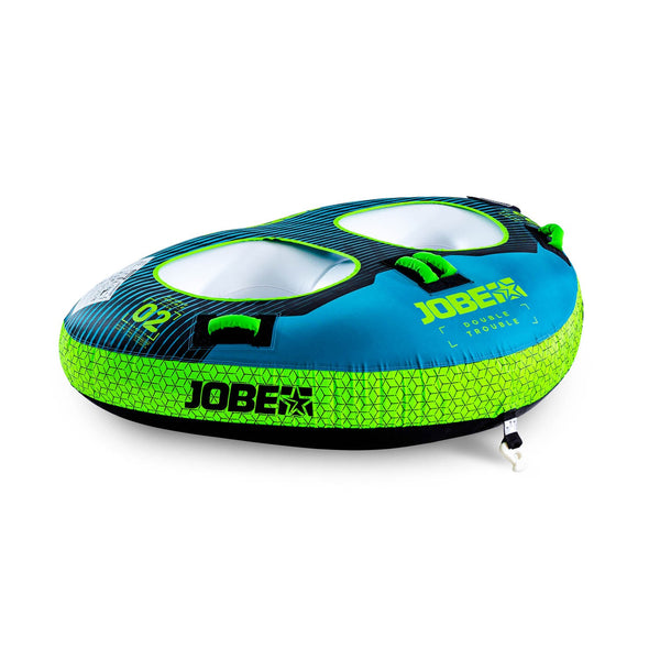 Jobe Double Trouble 2P, an inflatable tube designed for two riders with separate, secure dual seating, offering a fun ride.