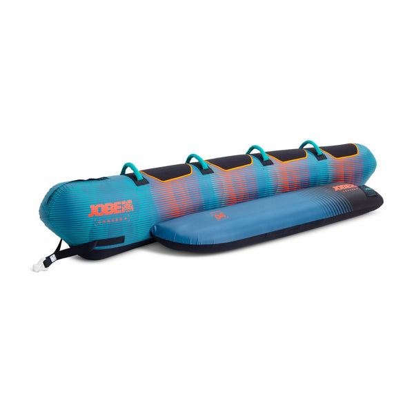 Jobe Chaser Towable 4P, a large, banana-style or chariot inflatable tube designed for a four-person group ride behind a boat.