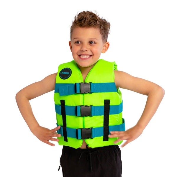 Jobe youth nylon life vest in lime green, a secure buoyant jacket with buckles, essential safety gear for young watersport riders.