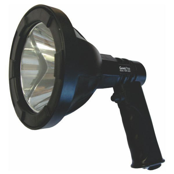 GamePro Bubo Rechargeable 10W LED Spotlight, a bright and portable handheld spotlight for outdoor use.