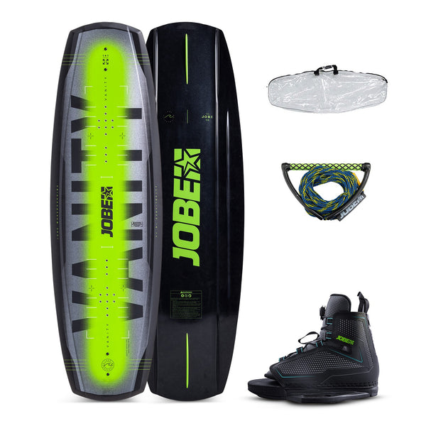 Jobe Wakeboard Logo Set, a complete package including a wakeboard, bindings, and typically a tow rope, ready for use.