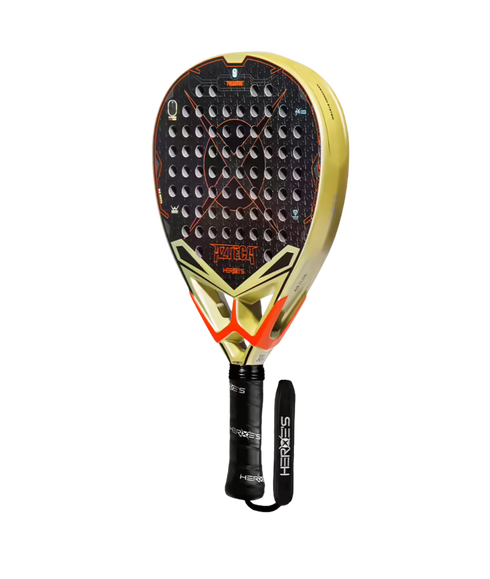 Heroe's Predator Azteca 2026 Padel Racket in black and gold, angled view