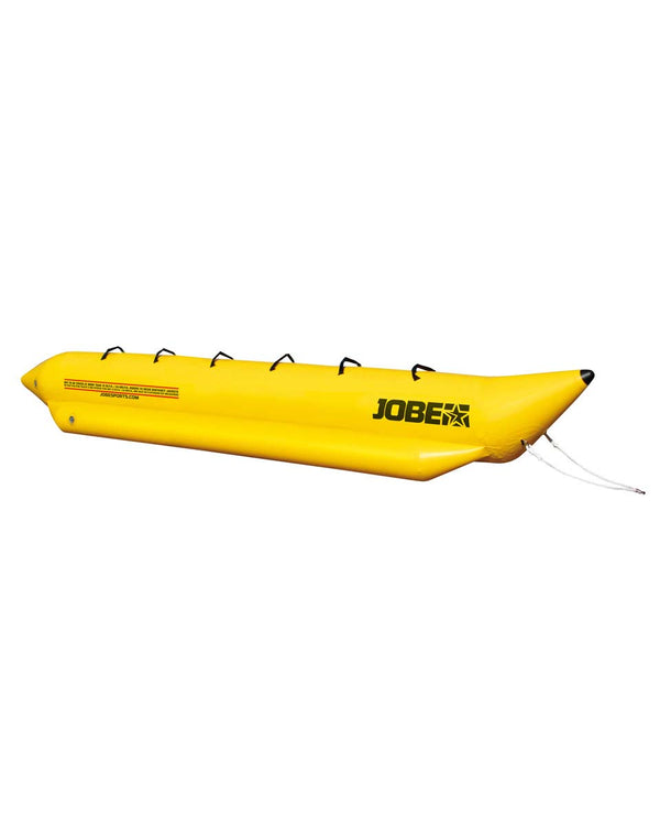 Jobe Banana Watersled, a large, yellow, inflatable banana boat with multiple seats, designed for fun group rides towed behind a boat.