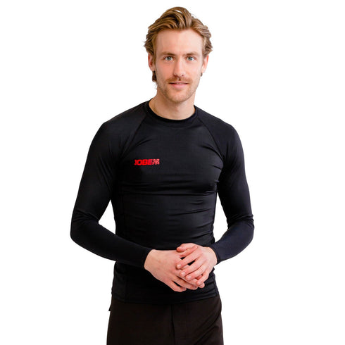 Jobe Men's Long Sleeve Rash Guard, a fitted top providing UV shield and sun protection for extended watersport use.