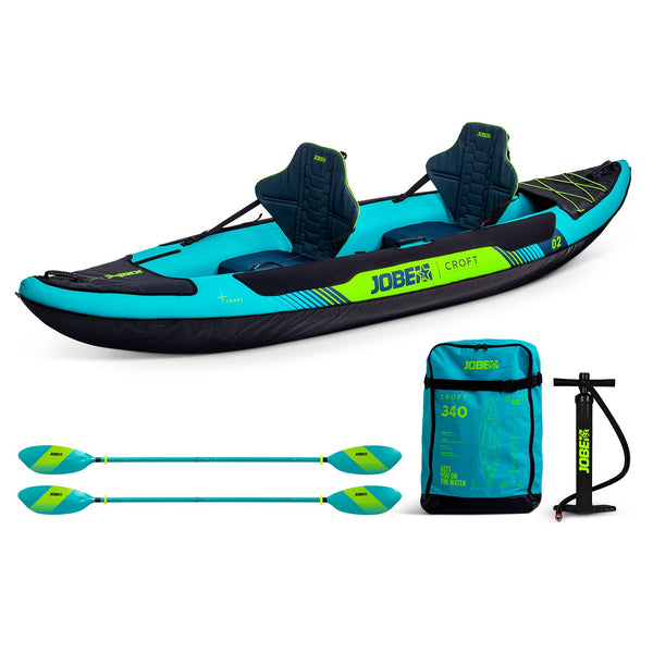 Jobe Croft Inflatable Kayak, a lightweight, portable inflatable kayak designed to comfortably accommodate two people.