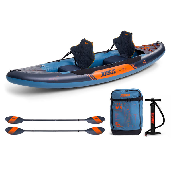Jobe Gama Inflatable Kayak, a single or double-person inflatable kayak designed for easy packing, portability, and touring.