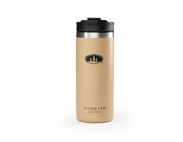 GSI Outdoors MicroLite JavaPress in Sand, insulated travel coffee press with lid, front view