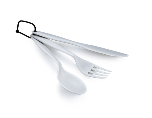 GSI Outdoors Tekk Cutlery Set in Eggshell: spoon, fork and knife on a ring