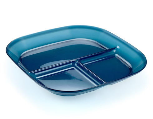 GSI Outdoors Infinity Divided Plate in translucent Blue, top view showing three sections