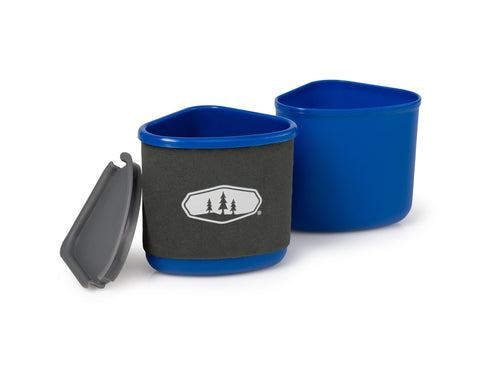 GSI Outdoors Gourmet Nesting Mug and Bowl in Blue with insulated sleeve and Sip-It lid