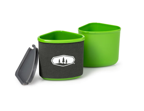 GSI Outdoors Gourmet Nesting Mug and Bowl in Green with insulated sleeve and Sip-It lid