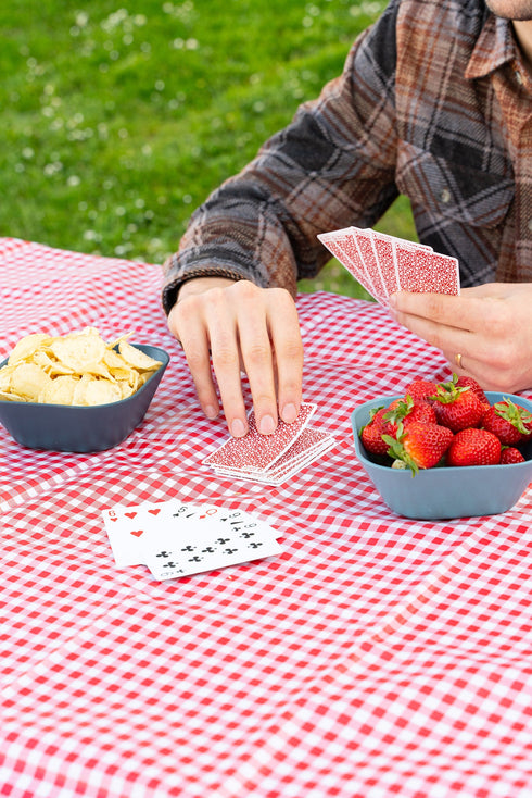 Family eating on a Coghlan's red check picnic tablecloth outdoors