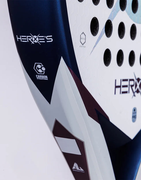 Heroe's Maniac 2025 Padel Racket in white, blue and purple, close-up detail