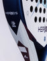 Heroe's Maniac 2025 Padel Racket in white, blue and purple, close-up detail