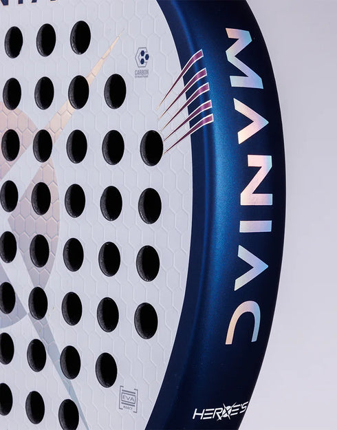 Heroe's Maniac 2025 Padel Racket in white, blue and purple, close-up detail