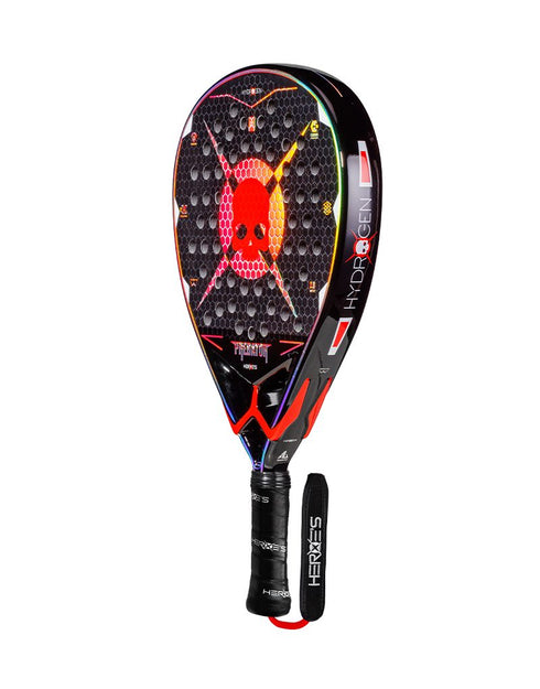 Heroe's Predator LTD Hydrogen Padel Racket in black and red, angled view