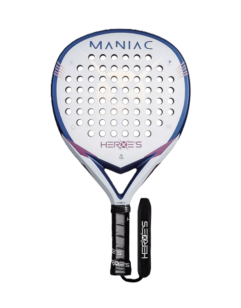 Heroe's Maniac 2025 Padel Racket in white, blue and purple, front view