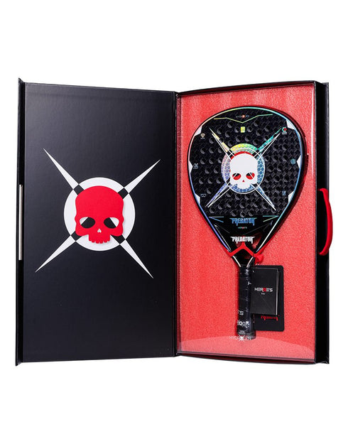 Heroe's Predator LTD Hydrogen Padel Racket in black and red, with presentation box