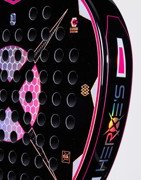 Heroe's Predator PWR 2025 Padel Racket in pink and blue, close-up detail