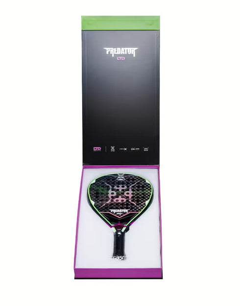 Heroe's Predator LTD 2026 Padel Racket in black and green, with presentation box