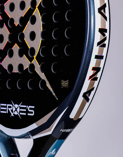 Heroe's Animal 2025 Padel Racket in blue and gold, close-up detail