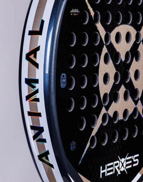 Heroe's Animal 2025 Padel Racket in blue and gold, close-up detail