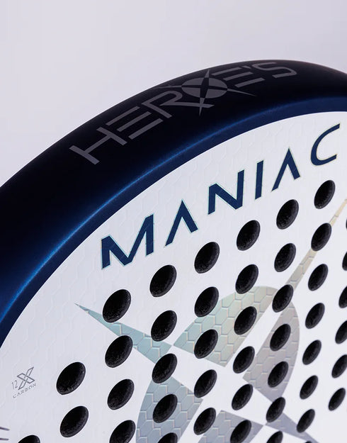 Heroe's Maniac 2025 Padel Racket in white, blue and purple, close-up detail
