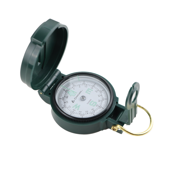 Coghlan's lensatic compass open, dark green, product shot