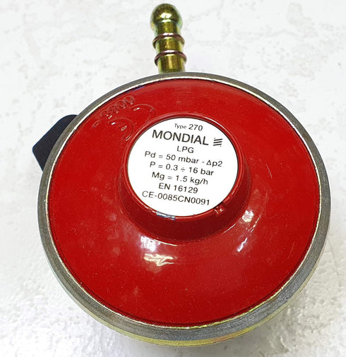 Mondial Type 270 LPG regulator, close-up of label: 50 mbar, 1.5 kg/h, EN 16129