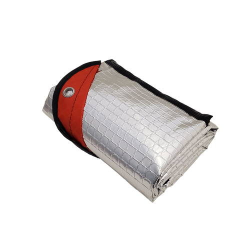 Coghlan's thermal blanket folded in mesh bag, red and silver
