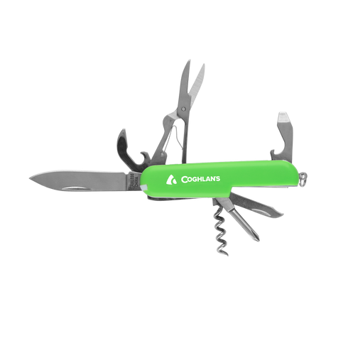 Coghlan's 11 function camp knife with scissors open
