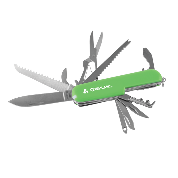 Coghlan's 11 function camp knife with tools open, green, product shot