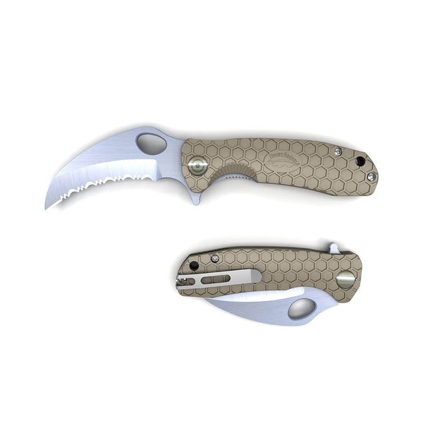 Honey Badger Claw Medium Camping Knife (Serrated Edge), a versatile folding knife with a curved, serrated blade for outdoor tasks.
