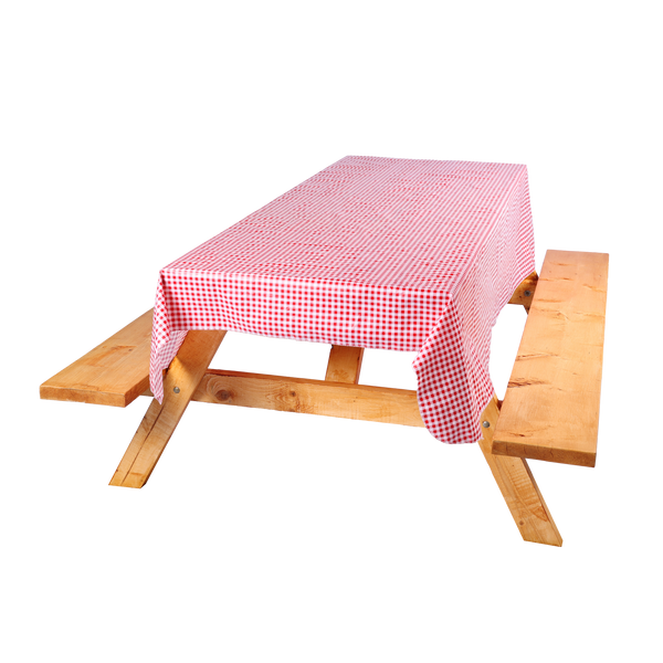 Coghlan's picnic tablecloth in red check on a wooden picnic table