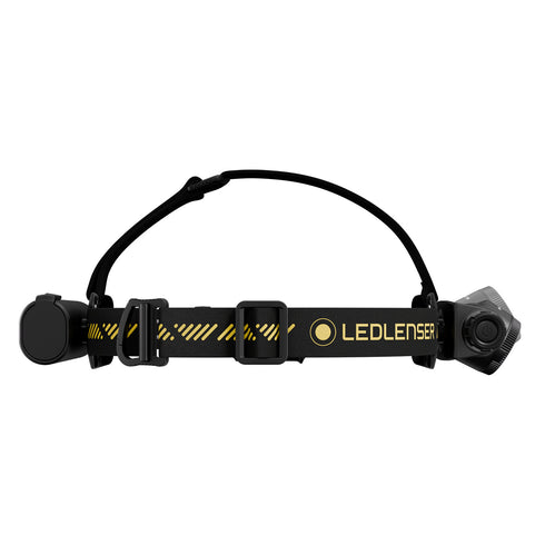 Ledlenser H9R Pro rechargeable headlamp, black/yellow, side view with tilting head