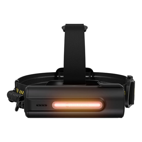 Ledlenser H9R Pro rechargeable headlamp, black/yellow, rear view with red rear light
