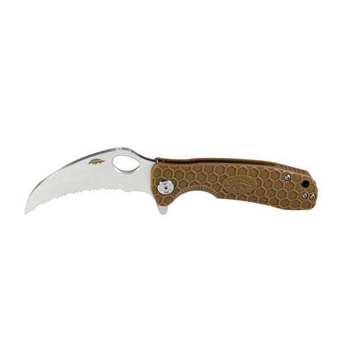 Honey Badger Claw Small hawkbill folding knife, S, Tan, Serrated, side view