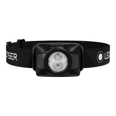 Ledlenser HF4R rechargeable headlamp, black, front view on white