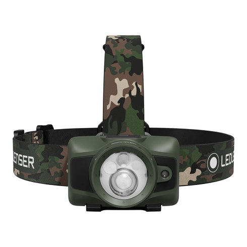 Ledlenser HF6R RGB rechargeable headlamp, camo, front view on white