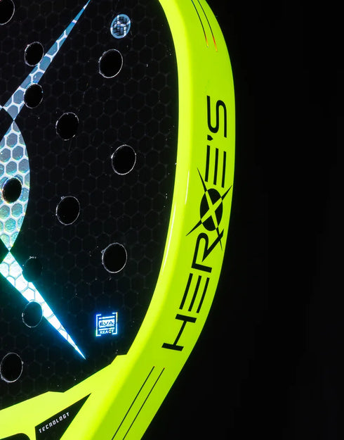 Heroe's RS3 2025 Padel Racket in neon yellow, close-up detail