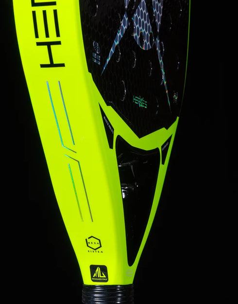 Heroe's RS3 2025 Padel Racket in neon yellow, close-up detail