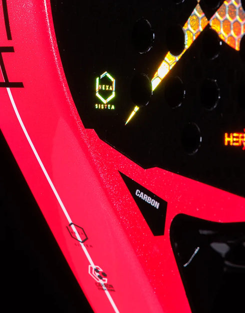 Heroe's RS2 2025 Padel Racket in neon pink, close-up detail