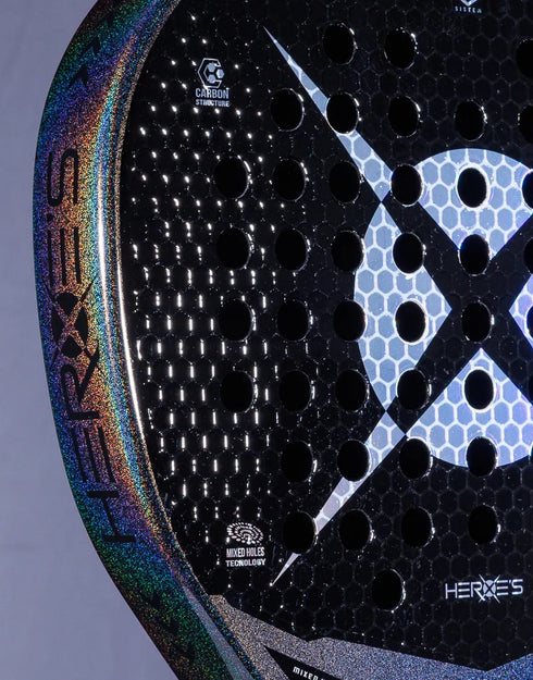 Heroe's RS1 2025 Padel Racket in black and purple, close-up detail