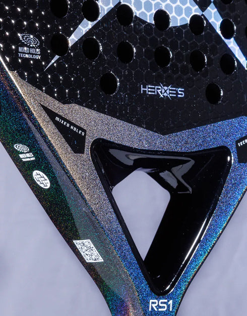 Heroe's RS1 2025 Padel Racket in black and purple, close-up detail
