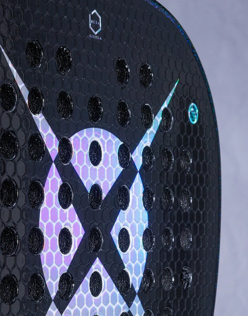 Heroe's RS1 2025 Padel Racket in black and purple, close-up detail